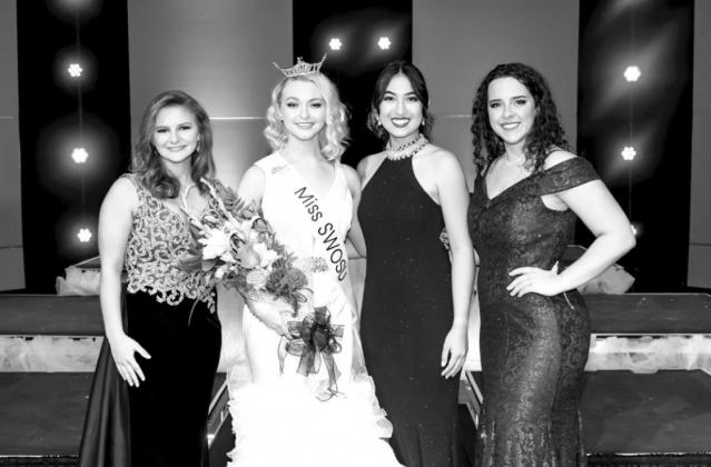 Emily Gill of Lawton (Eisenhower) won the title of Miss SWOSU at the annual competition held January 29 on the campus in Weatherford. Finalists were (from left): Kaysa Carpenter, Cordell, second runner-up; Angela Nichols, Altus, first runner-up; and Amy White, Tipton, third runner-up. Gill will represent SWOSU at the Miss Oklahoma Pageant in 2022.