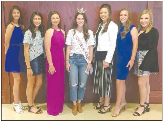 Teen candidates pictured with current title holder Lynsi Lively (middle) of Mangum are (from left): Laryssa Nunn, Chandler; Korey Saenz, Altus; Peyton Davis, Cache; Gabrielle Clayton, Clinton; Olivia Coody, Grandfield, and Hailey Franklin, Walters.