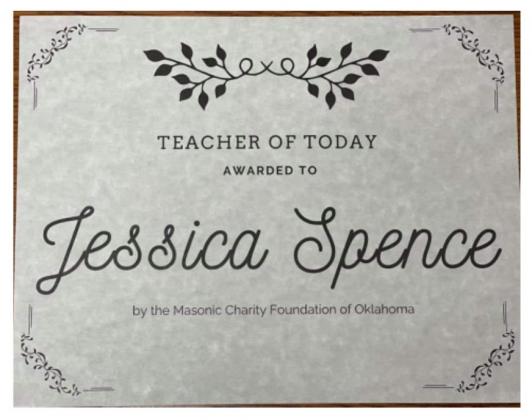 Ms. Jessica Spence Selected “Teacher Of Today” by the Masonic Charity Of Oklahoma