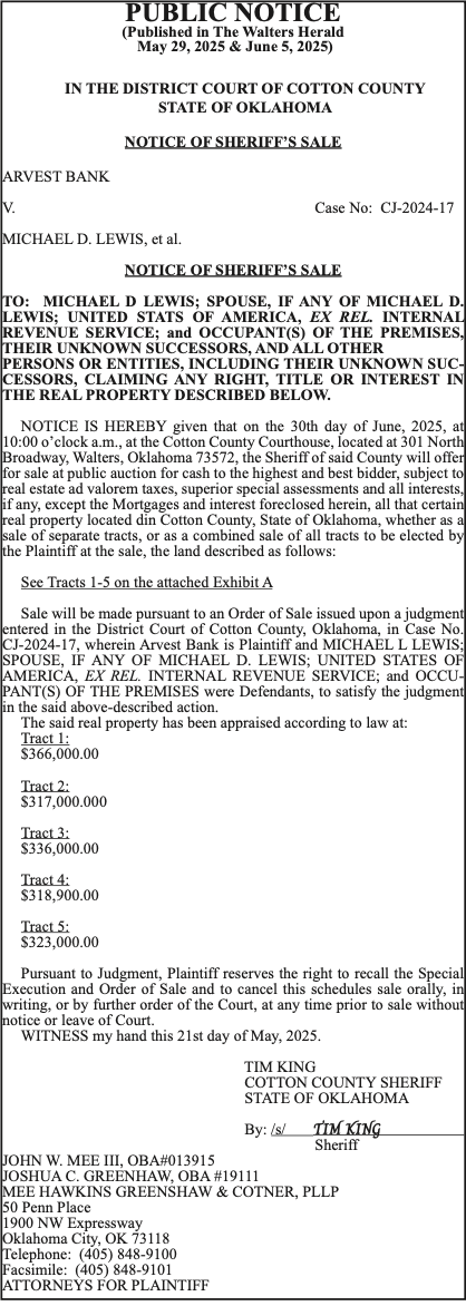 IN THE DISTRICT COURT OF COTTON COUNTY STATE OF OKLAHOMA – Case No: CJ-2024-17