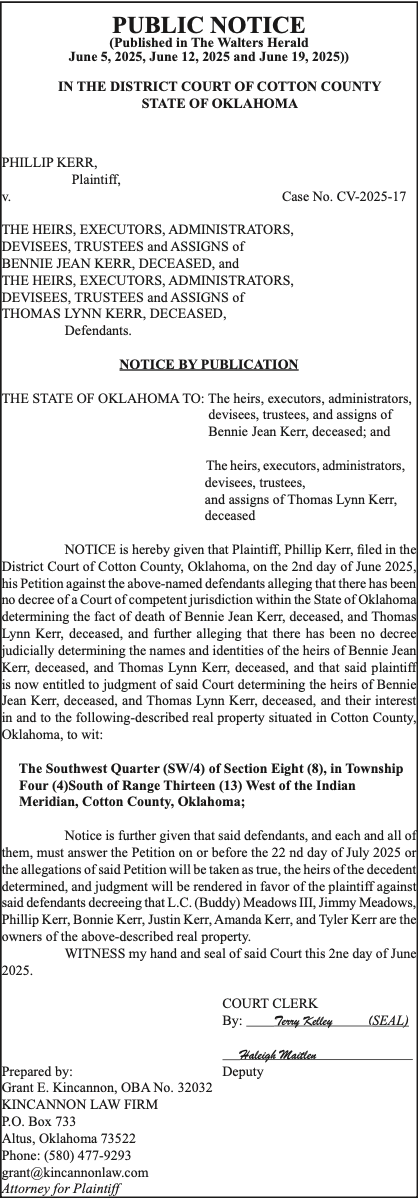 IN THE DISTRICT COURT OF COTTON COUNTY STATE OF OKLAHOMA – Case No. CV-2025-17