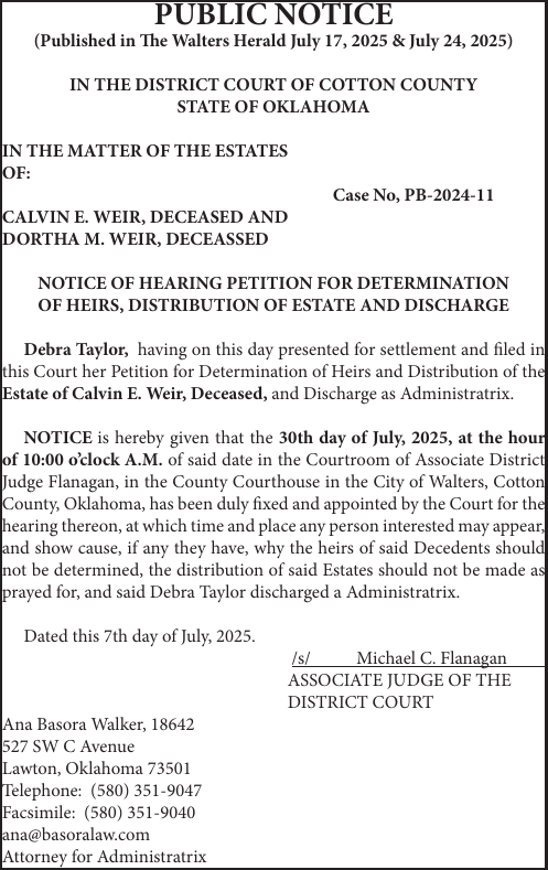 Case No, PB-2024-11 – IN THE DISTRICT COURT OF COTTON COUNTY STATE OF OKLAHOMA