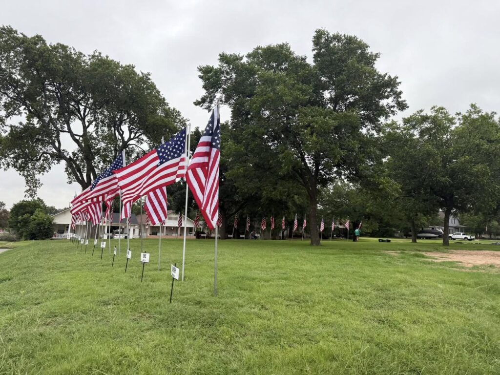 Dozens of American flags line a green lawn in neat rows, set up by the Rotary Club for Independence Day, with name placards beneath each flag.