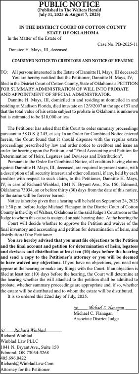 Case No. PB-2025-11 – IN THE DISTRICT COURT OF COTTON COUNTY STATE OF OKLAHOMA