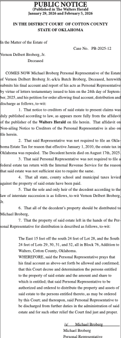 Case No. PB-2025-12 – IN THE DISTRICT COURT OF COTTON COUNTY – STATE OF OKLAHOMA