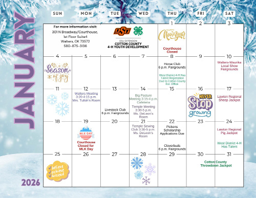 Cotton County 4-H January Youth Development Calendar