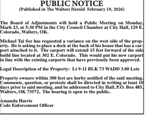 PUBLIC NOTICE – Board of Adjustments Variance Request (Michael Tai See)