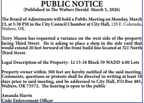 Public Notice – Board of Adjustments