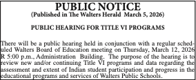 Public Notice – PUBLIC HEARING FOR TITLE VI PROGRAMS